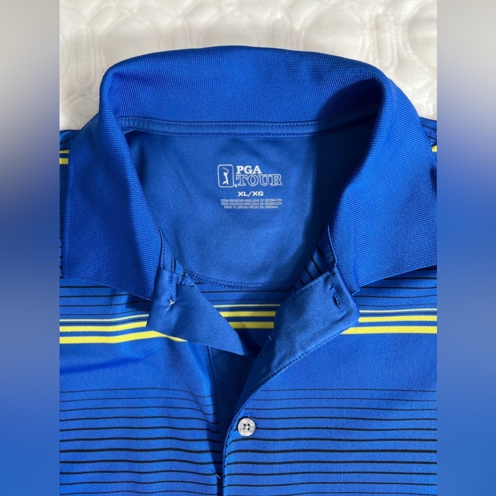 PGA Tour Golf Polo Shirt Men's XL Blue Yellow Striped Short Sleeve Performance - Picture 4 of 8